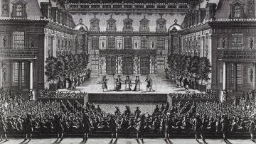 Représentation d'Alceste dans la cour de marbre du château de Versailles. Gravure de Jean Lepautre